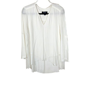 Karen Kane Top Womens Sz S White V-Neck Tab Sleeve Asymmetric High Low Pullover